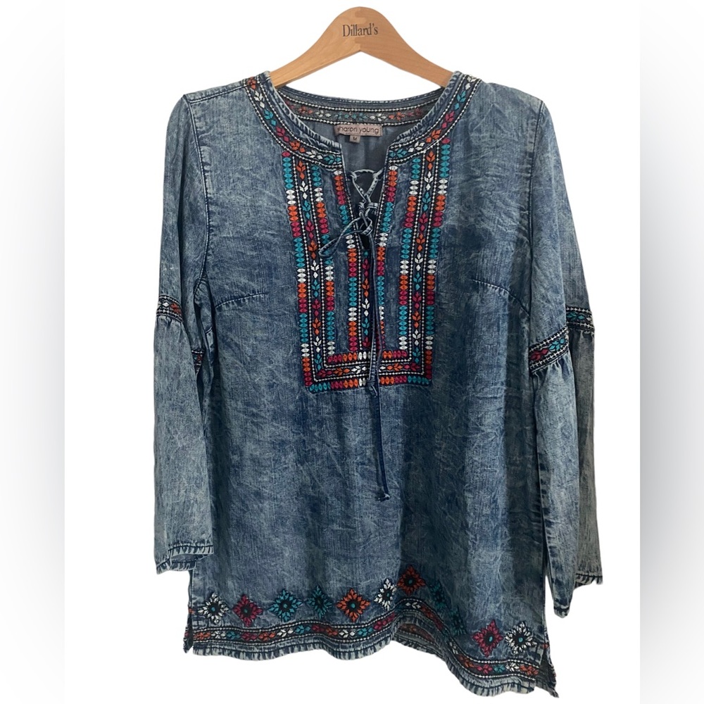 Sharon Young Embroidered Boho Lace Up Tunic GORGEOUS